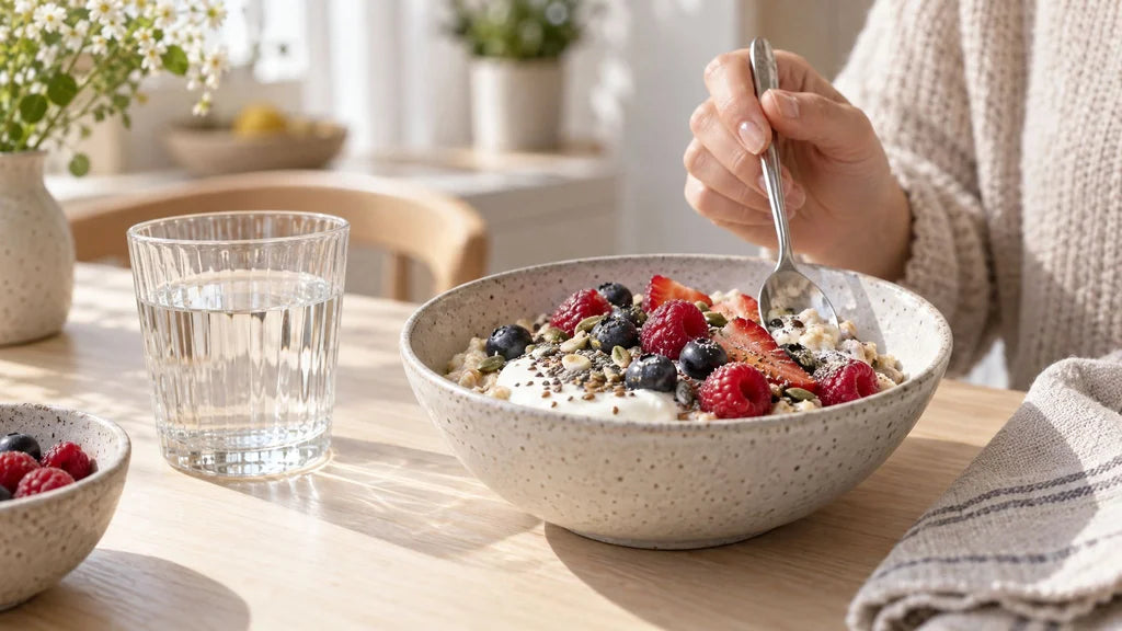 (AI-generated image) Porridge with Greek yoghurt, berries and seeds on a bright kitchen table, a hand reaching in