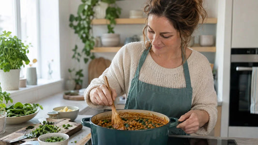 Woman stirring a lentil curry in a bright kitchen as part of a high protein dinner (AI-generated image)