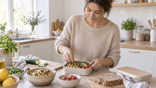 Woman packing a lunchbox with chickpea salad at a bright kitchen counter (AI-generated image)
