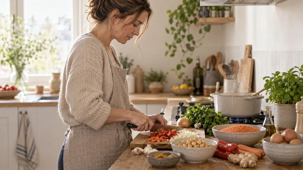 (AI-generated image) Woman chopping vegetables for a lentil curry in a bright kitchen with bowls of beans and eggs on the counter