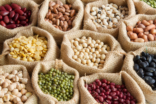 bags of colorful legumes