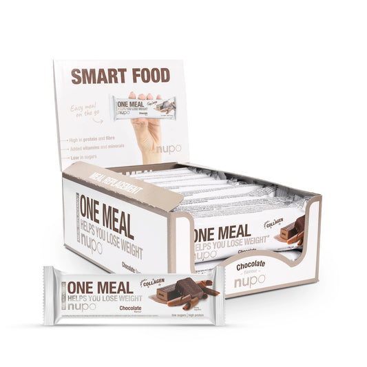 A box of chocolate flavored meal replacement bars by NUPAI, with each bar labeled as 'One Meal' and the box indicates the bars are 'Smart Food'.