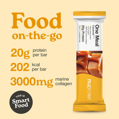 Nupo One Meal Bar Caramel infographic with protein fiber