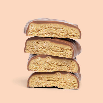 Nupo One Meal Toffee Crunch broken bar close-up – creamy toffee center and crunchy coating